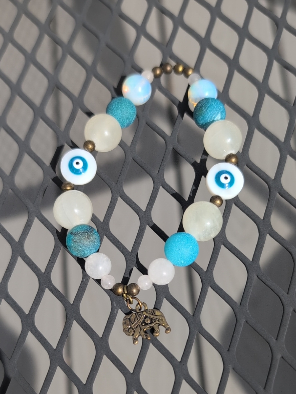 Evil Eye Beaded Bracelet with Elephant Charm -  Agate, Jade, Quartz, Opal, Shell